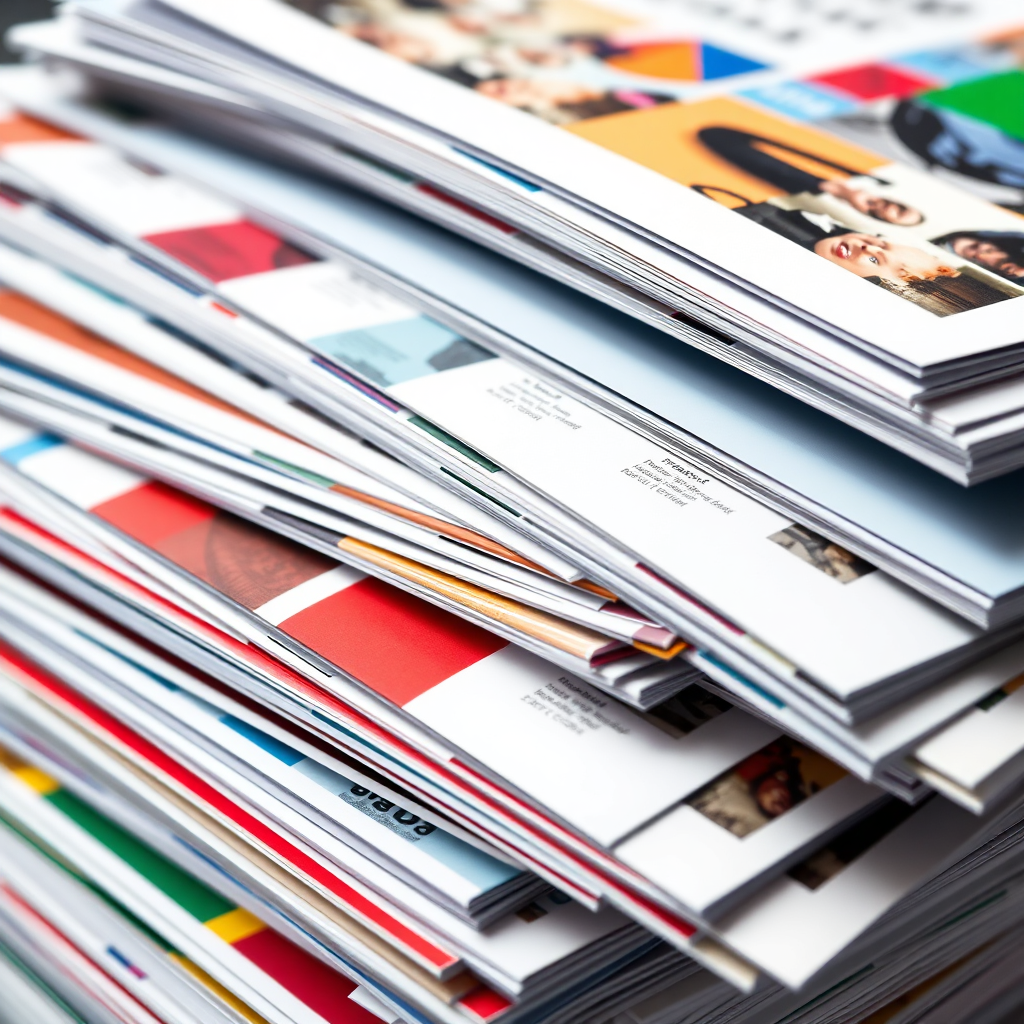 A stack of freshly printed documents, showcasing vibrant colors and sharp details. The documents include reports, flyers, and brochures. The lighting is bright and even, highlighting the quality of the prints. The color palette is diverse and eye-catching. The camera angle is a close-up shot, emphasizing the details of the prints.