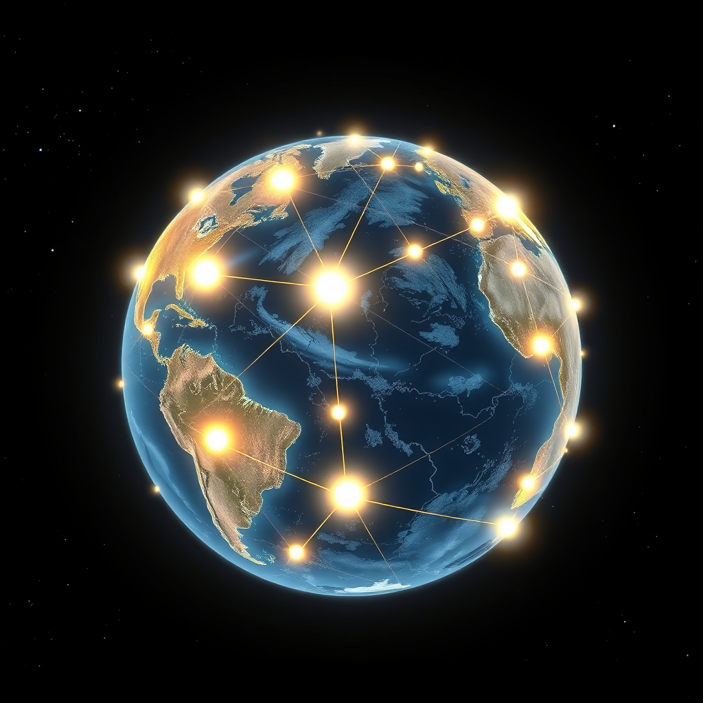 A stylized image depicting a globe with interconnected lights shining across continents. The lights represent the spread of knowledge, compassion, and faith. The globe is set against a dark and starry background, emphasizing its vastness and importance. Style: Inspired by futuristic and technological art. Technical specs: 4K resolution, high quality, focus on detail.