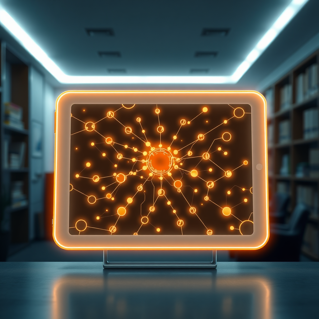  A stylized image featuring a glowing tablet displaying a complex network of interconnected nodes representing digital knowledge and research data. A soft light emanates from the tablet illuminating surrounding space. The background is a modern study area. Style: Modern, tech-inspired, clean lines. Technical specs: 4K, vivid color palette.