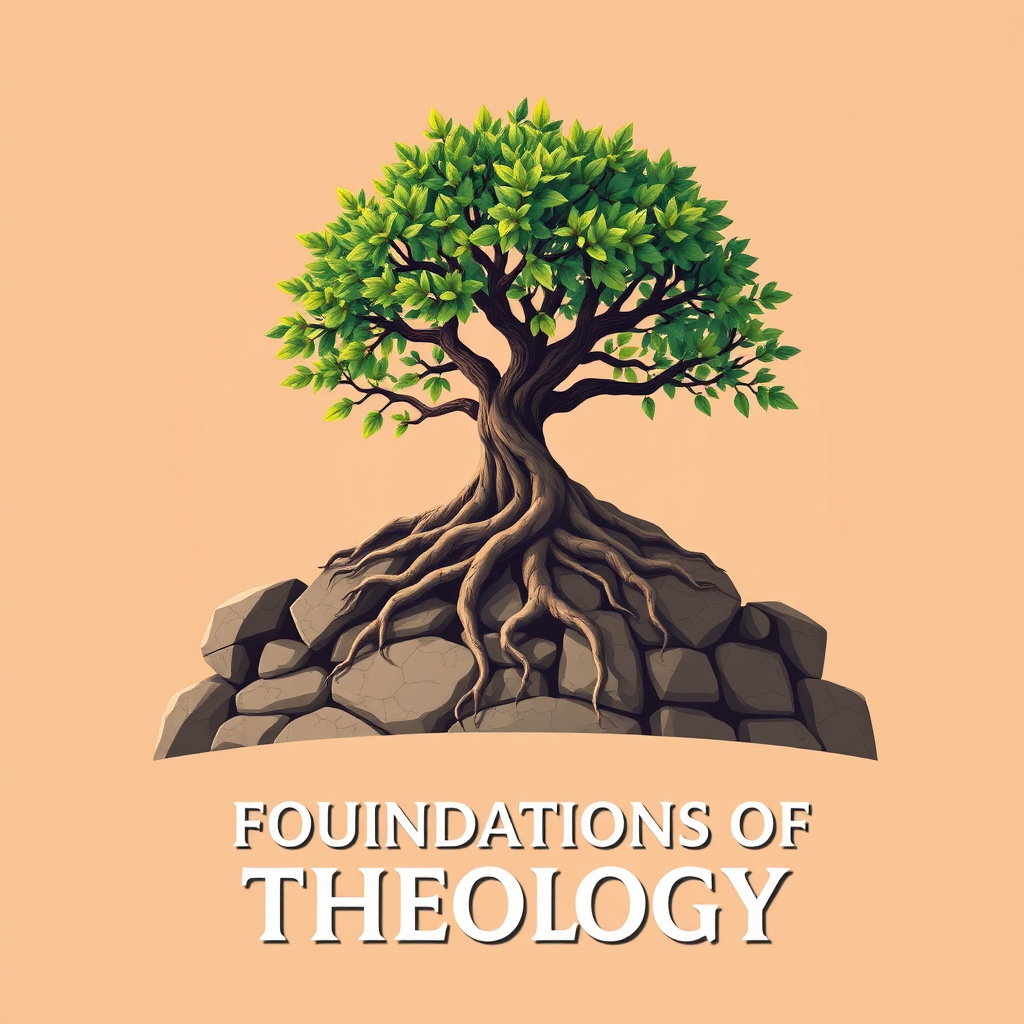  A stylized image representing the foundations of theology. Depict a solid, ancient stone foundation upon which rests a vibrant, flourishing tree. The roots of the tree intertwine with the stones, symbolizing the deep connection between tradition and growth. The leaves of the tree represent the diverse branches of theological thought. The color palette should be earthy and warm, with a sense of stability and growth. The lighting should be soft and natural, highlighting the textures of the stone and the leaves. Style: Inspired by symbolic art and nature photography. Technical Specs: 4K resolution, high quality, focus on detail.