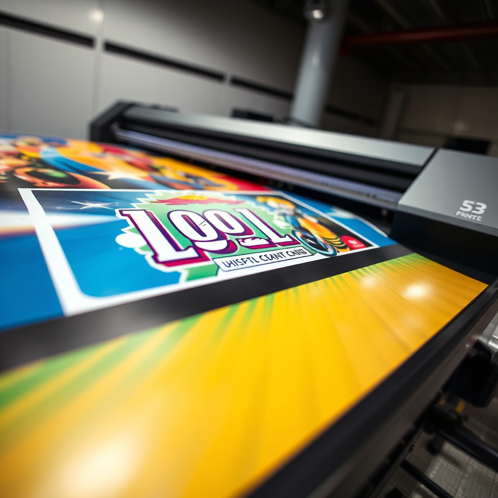 A wide format printer in action, printing a vibrant and detailed poster. The poster is showcasing a local event. The color palette is vibrant and bold, capturing the energy of the event. The lighting is bright and even, showcasing the quality of the print. The camera angle is a dynamic shot, capturing the printer in motion. Texture details include the smooth surface of the poster and the precise details of the print. The style is photorealistic, conveying a sense of quality and precision.