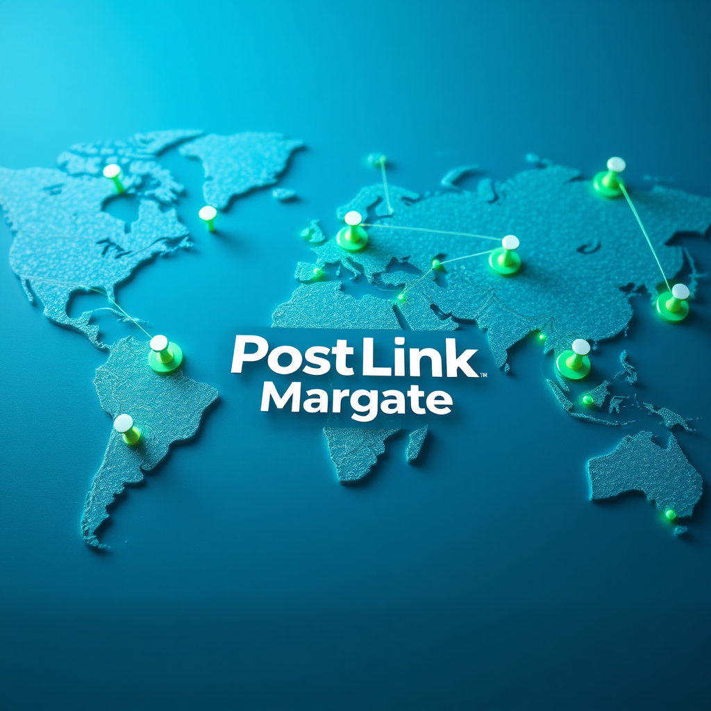 A world map with pins marking key locations, connected by lines representing courier routes and digital networks. The Post Link Margate logo is prominently displayed in the center. The color palette is blue and green, representing the earth and connectivity. The lighting is soft and even, creating a sense of global reach. The camera angle is an aerial view, showcasing the vastness of the network. Texture details include the textured surface of the map and the glowing lines of the digital network. The style is stylized and informative, conveying a sense of global presence and local expertise.