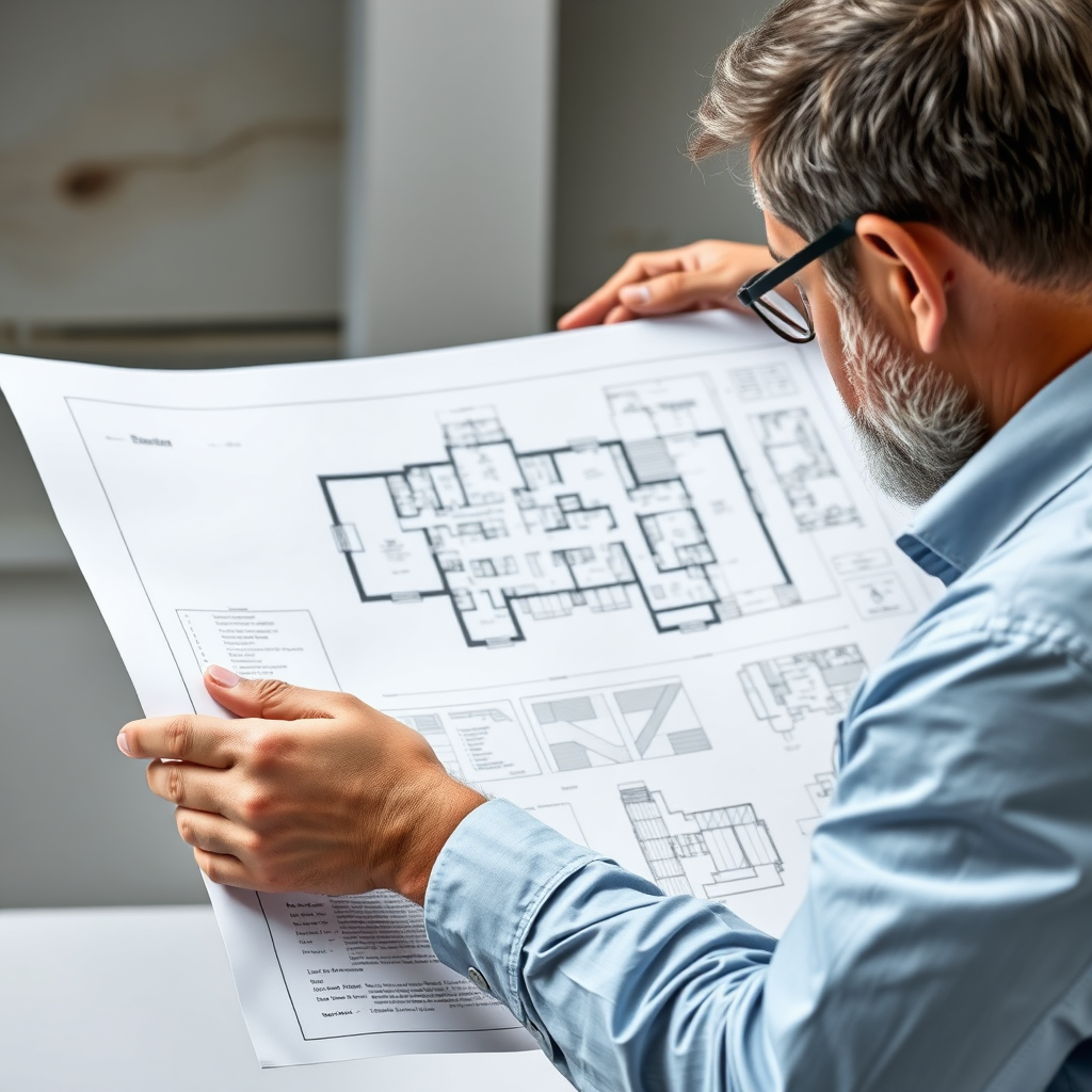 An architect examining a large-format architectural plan, printed with precision and clarity. The plan is detailed and informative, providing all the necessary information for the project. The color palette is technical and precise, with a focus on accuracy and clarity. The lighting is focused and even, highlighting the details of the plan. The camera angle is a close-up shot, emphasizing the precision of the print. Texture details include the smooth surface of the paper and the crisp lines of the plan. The style is photorealistic, conveying a sense of accuracy and precision.