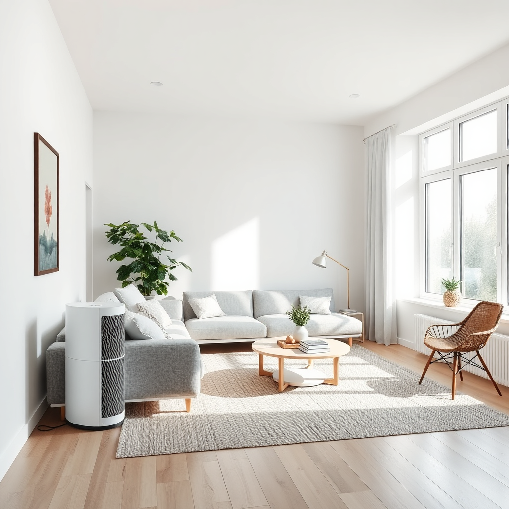Modernt vardagsrum med luftrenare
