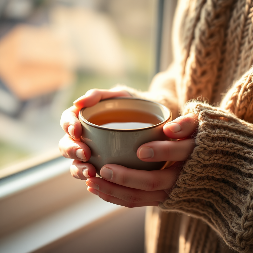 Hands holding a warm cup of tea representing calm