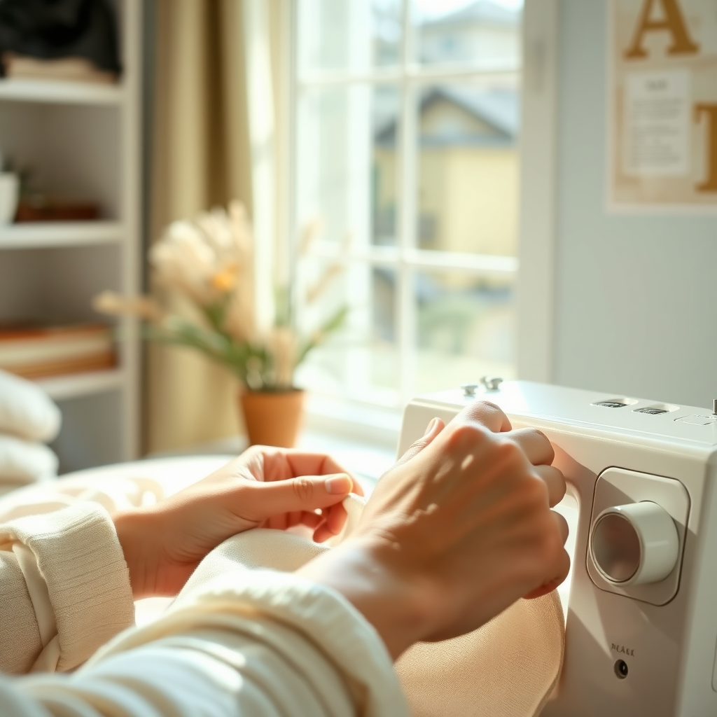 Hands guiding fabric through a sewing machine