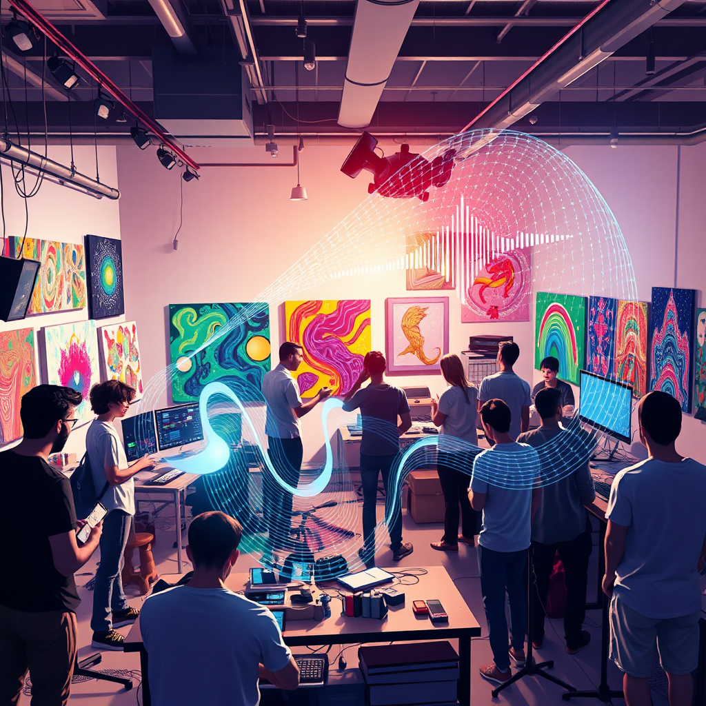  A dynamic scene of an open studio environment filled with diverse creators collaborating. Colorful AI-generated artworks hang on the walls while sound waves visually pulse through the air, showing the fusion of creativity and technology in a vibrant, collaborative atmosphere.