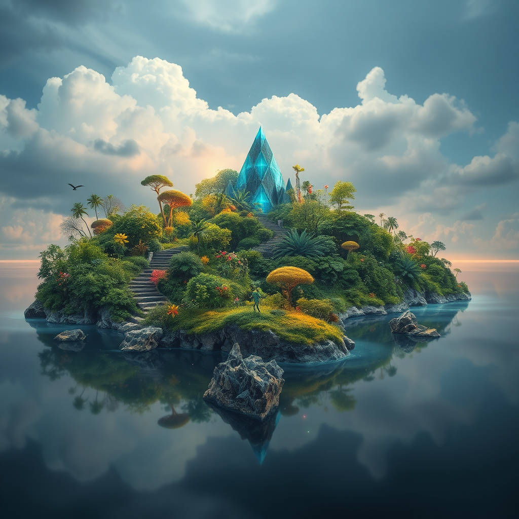 A mystical representation of an island where technology bridges the gap between nature and artificial intelligence. This scene showcases futuristic elements incorporated within the lush island landscape, blending AI visuals with real-life flora, symbolizing the harmony between technology and art.