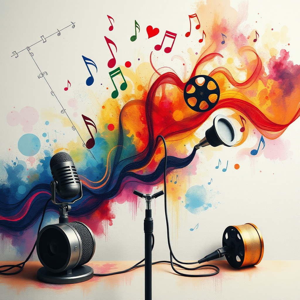 A visually engaging scene illustrating the diverse range of emotions evoked through sound and visuals. Colorful sound waves leap off the canvas, morphing into various artistic expressions like music notes, film reels, and podcast microphones, all enveloped in an atmosphere of creativity and passion.