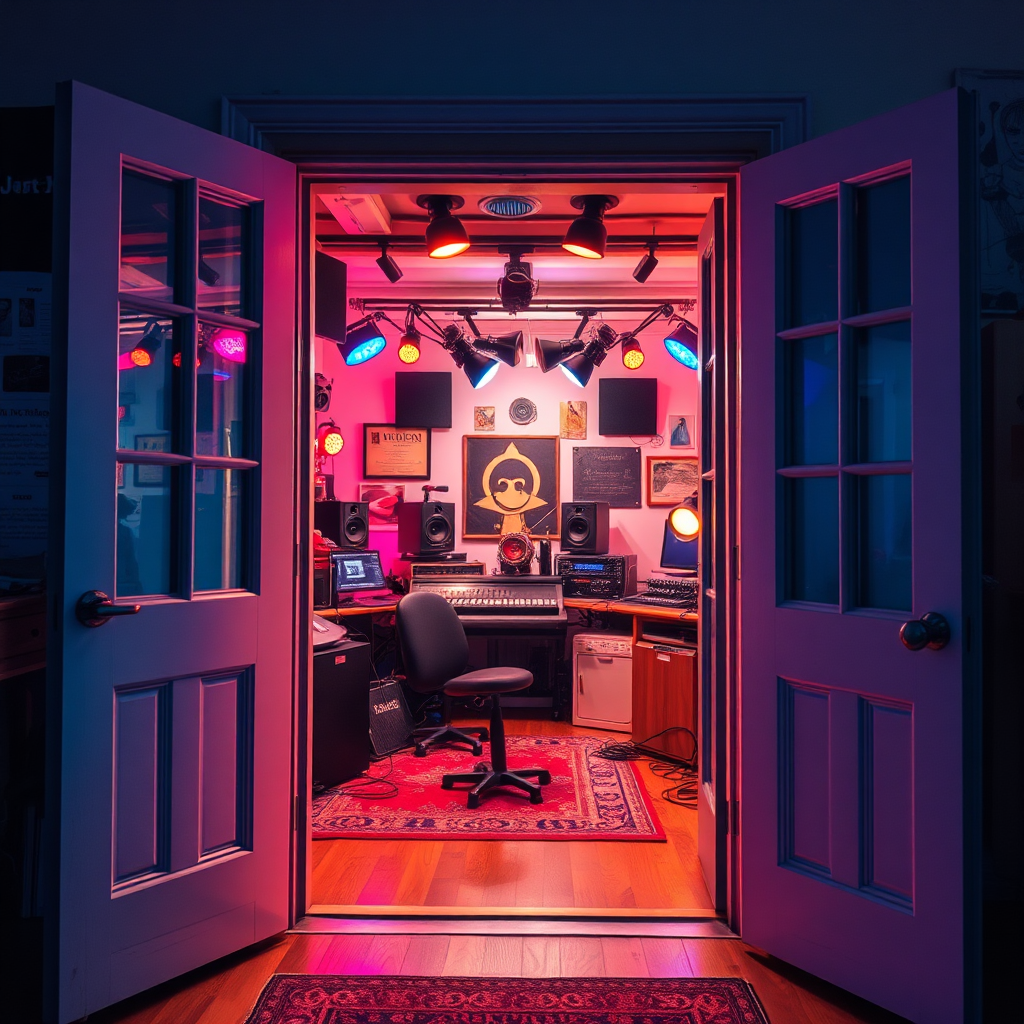 A welcoming open door leading into a creatively vibrant studio filled with musicians, podcasters, and visual artists. Bright, colorful lights illuminate the space, showcasing various creative tools and devices, inviting viewers to step into a world where collaboration and innovation thrive.