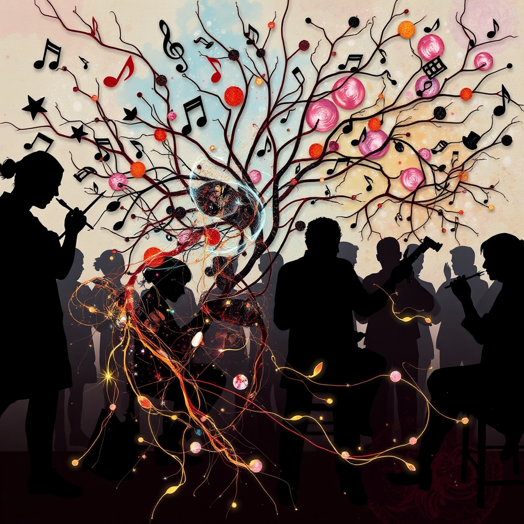  An artistic representation of a web of neural networks intertwined with musical notes, visual elements, and brushes. The background features silhouettes of artists immersed in their crafts, portraying the harmony between traditional and digital artistry while highlighting the fluidity of creativity.