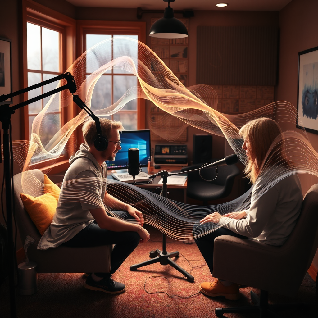 An inspiring visualization of a podcast recording session with a skilled voice artist and advanced audio technology in a cozy studio. Waves of sound visually translate into expressive forms, reflecting the emotional depth and creativity conveyed in each thoughtful conversation.
