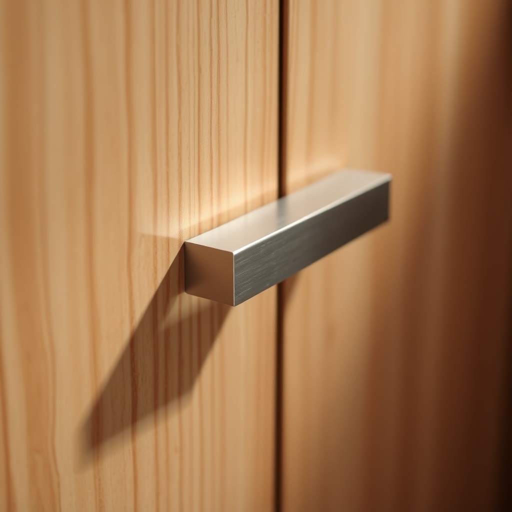 Minimal cabinet handle detail in brushed metal with warm wood background