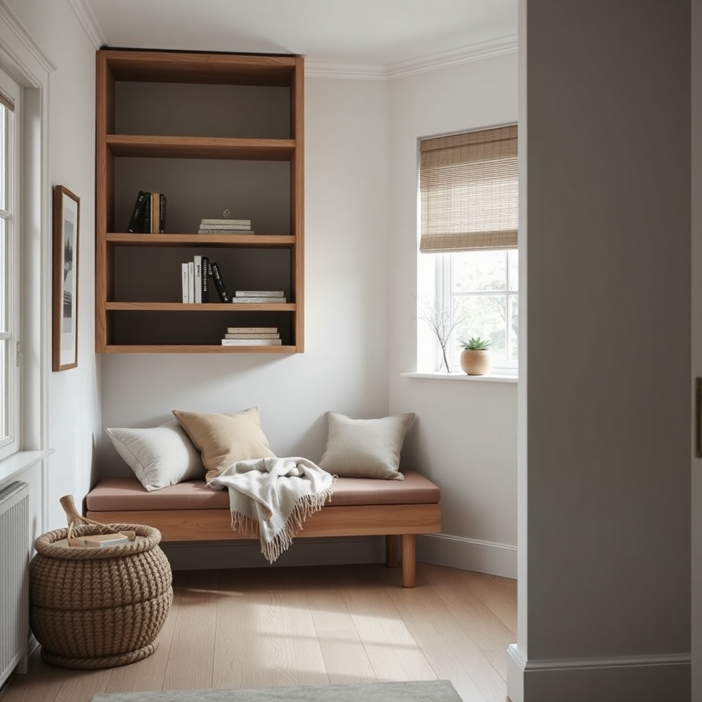 Bespoke shelving in a cozy nook with warm neutral palette and soft daylight