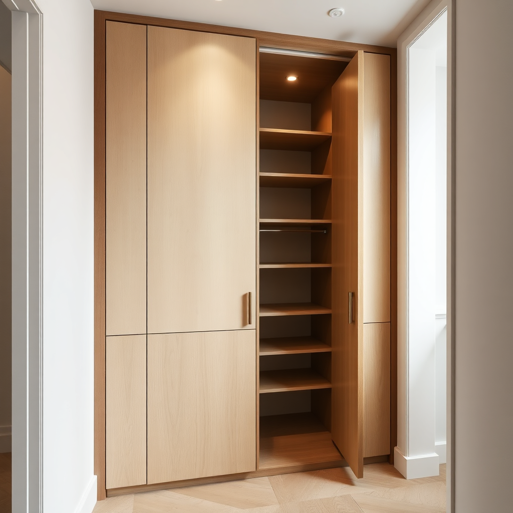 Built-in wardrobe with clean lines, warm wood tone, and precise gaps