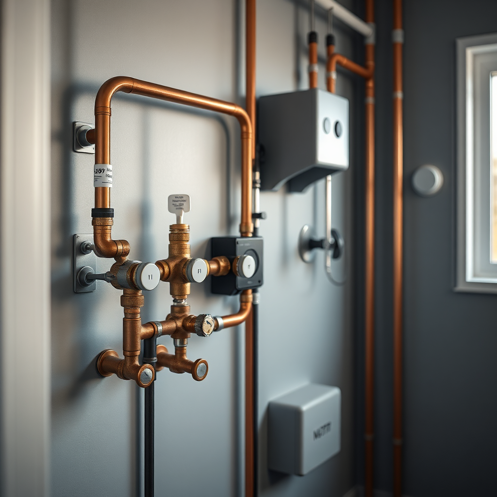 Modern VVS-installation med rör och värmesystemdetaljer, utan människor