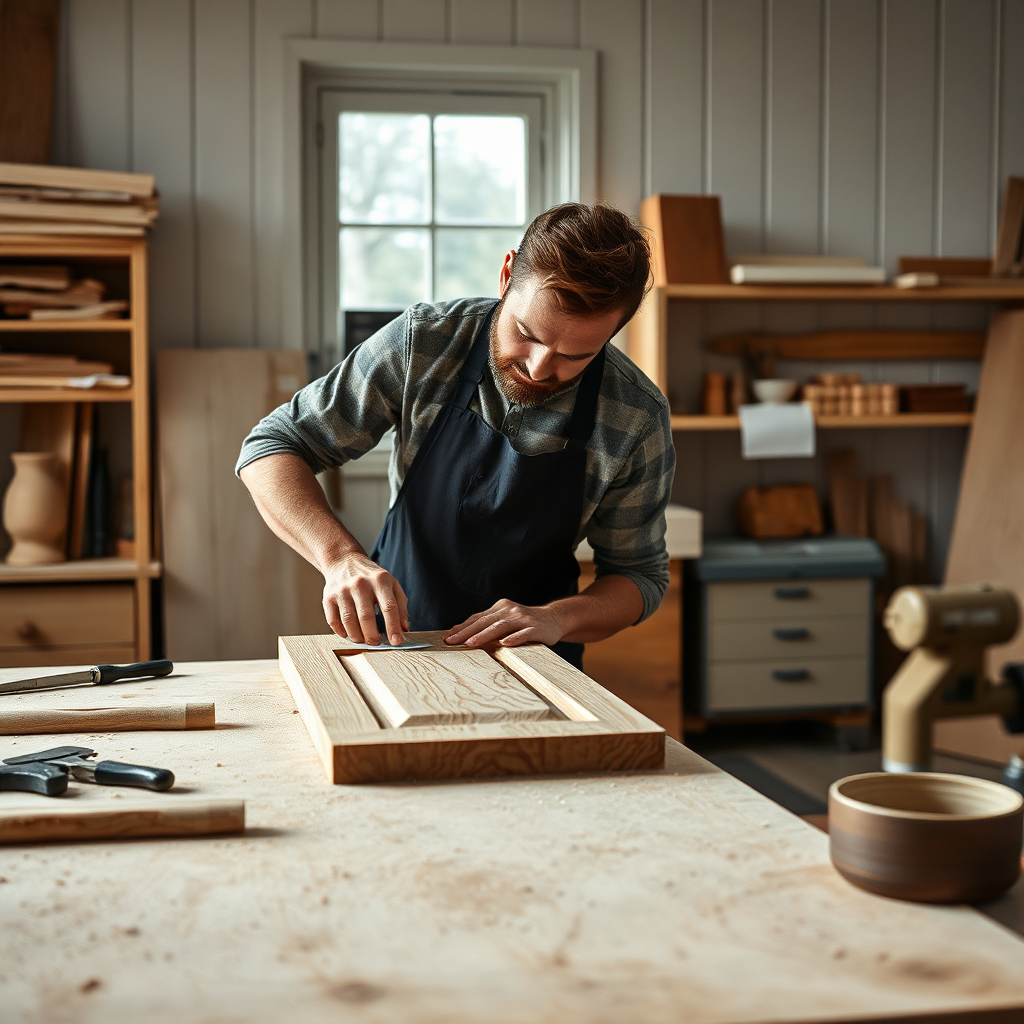 Warm, premium woodworking workshop scene with fine joinery details, oak tones, soft daylight, Scandinavian craftsmanship aesthetic
