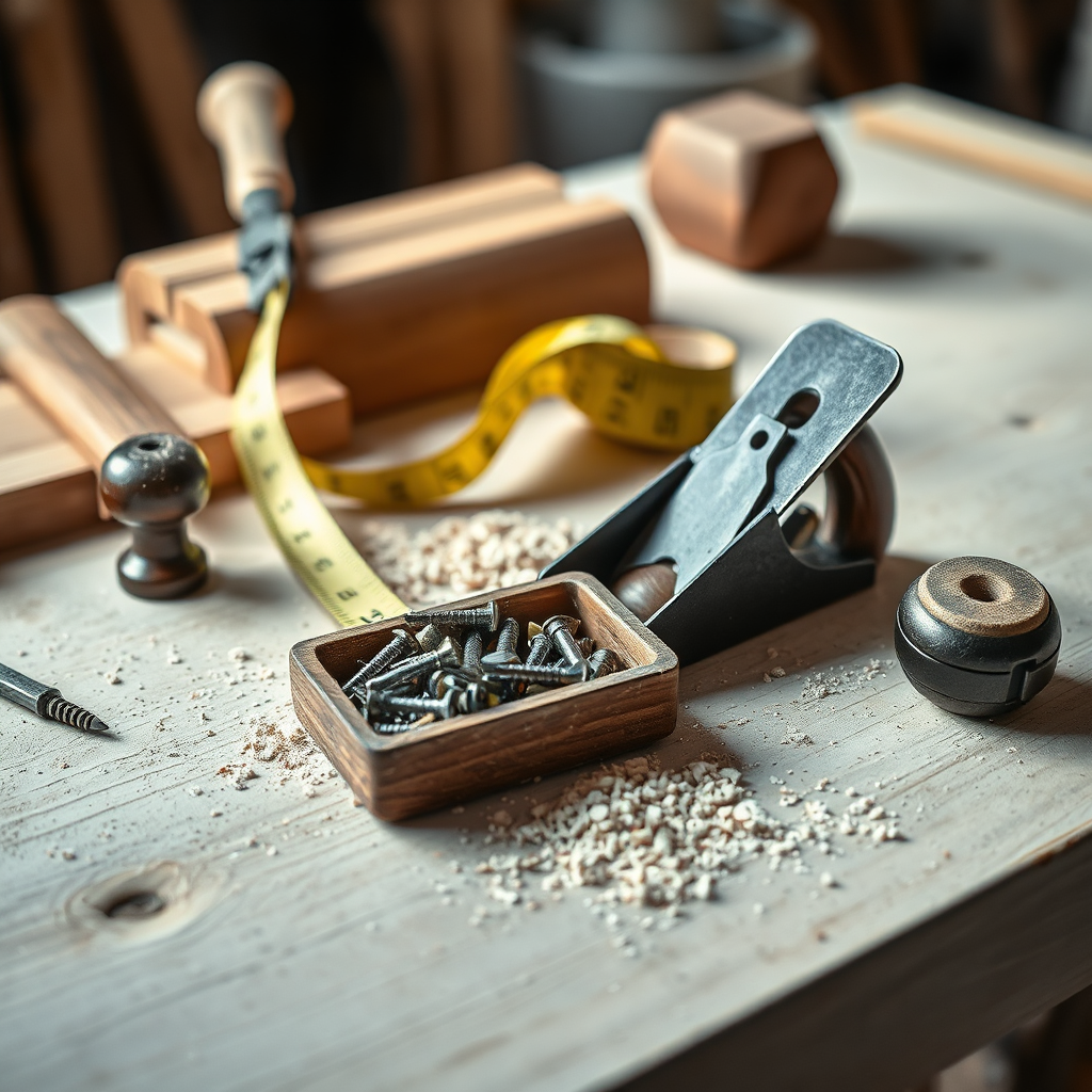 Verktyg och byggmaterial i mjukt dagsljus, lugna färger