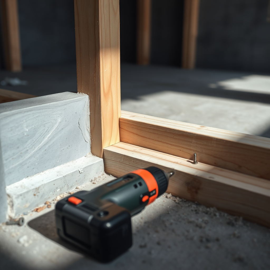 Detaljbild av byggarbete och material i dagsljus, dämpad färgpalett