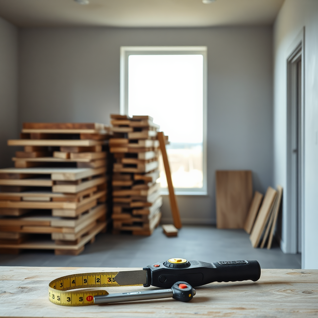 Lugn byggmiljö i dagsljus med verktyg och material, dämpade färger