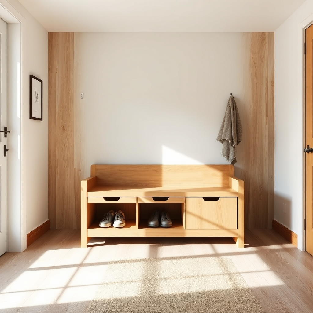 Bespoke entryway bench with storage in warm wood and clean Scandinavian design