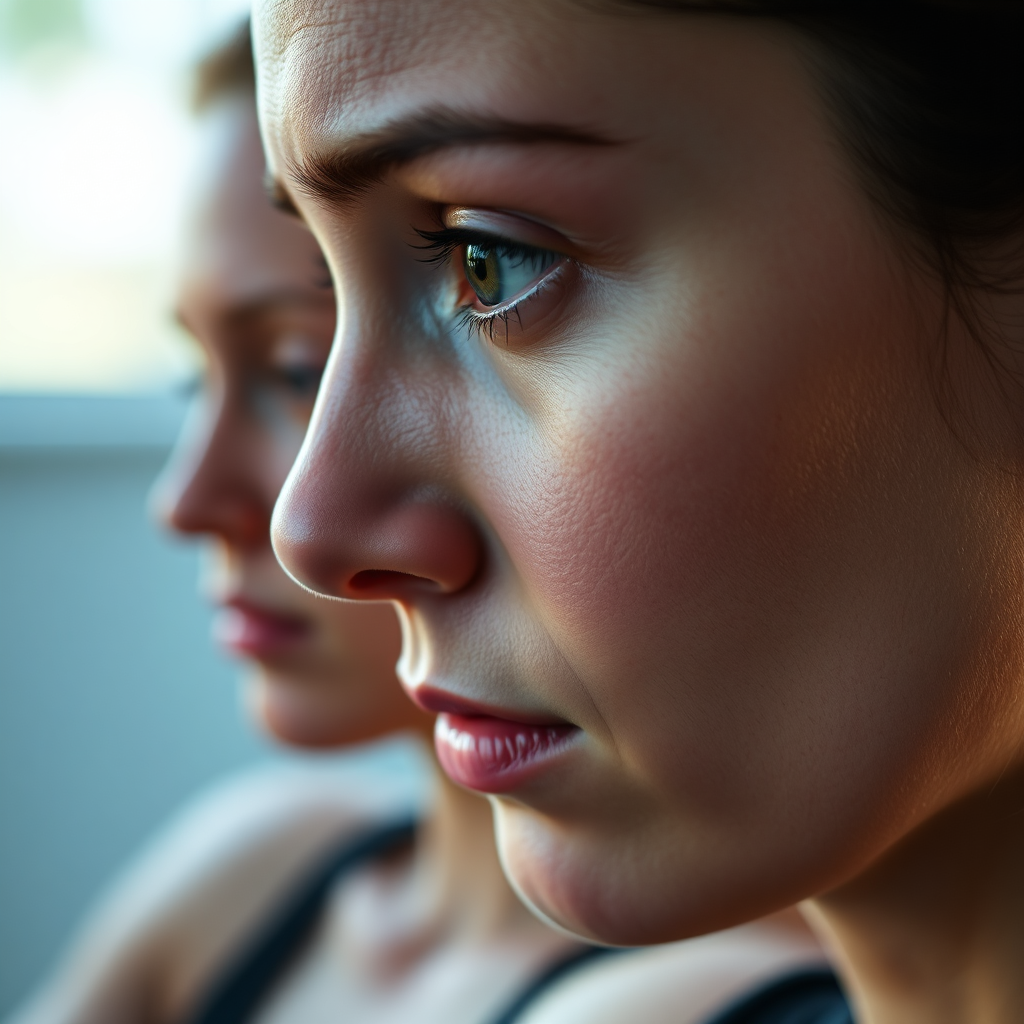 A close-up, photorealistic image of a person's face in deep concentration during a Pilates exercise. The focus is on the person's eyes and the subtle tension in their facial muscles. The lighting is soft and natural, highlighting the texture of the skin. The background is blurred, creating a sense of intimacy and focus. The image should convey the intensity and mindfulness of the mind-body connection. Style reference: Portrait photography, natural lighting.