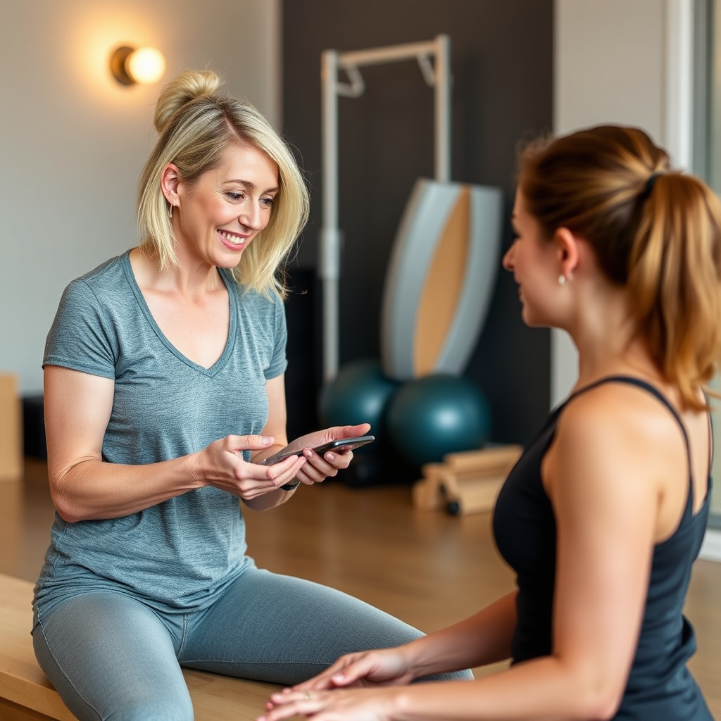A one-on-one personal training session with Jamie Kay guiding a client through a workout, emphasizing individual attention and customized plans.