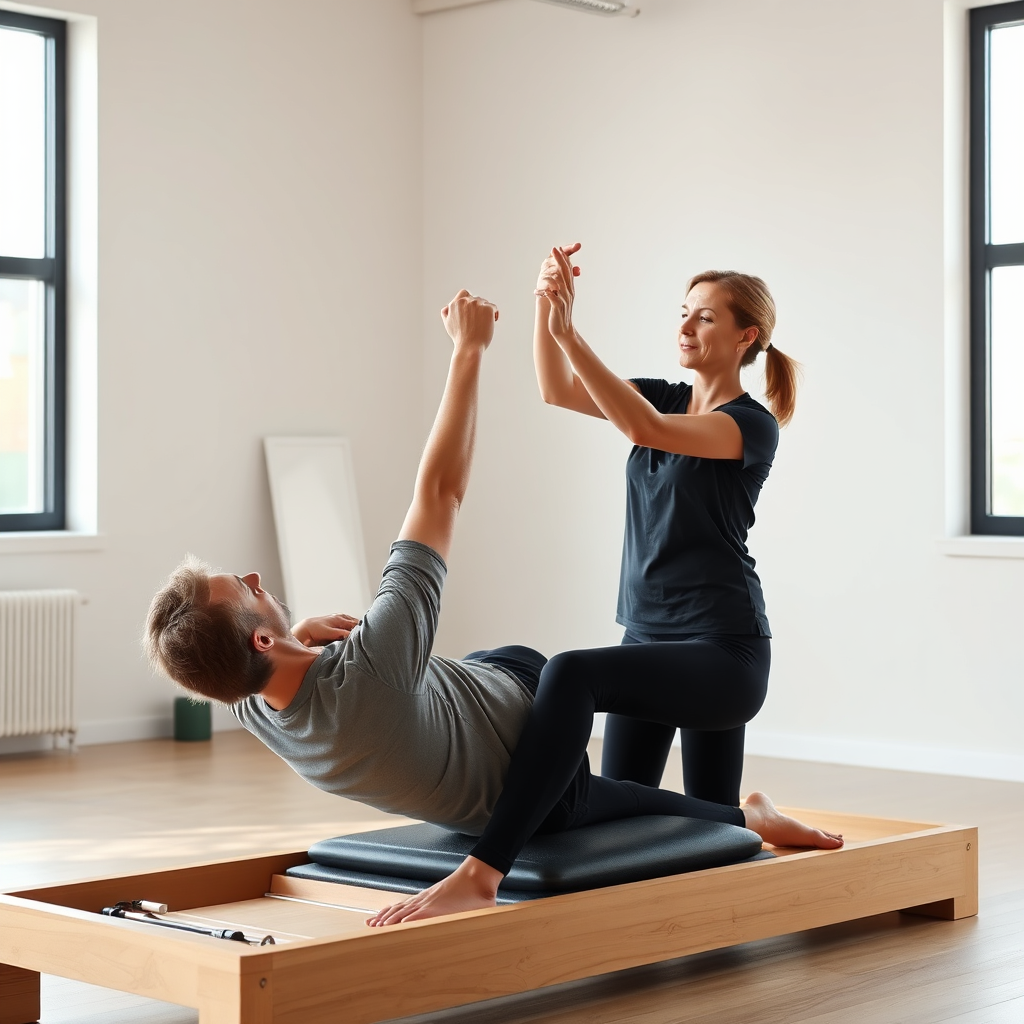 A photorealistic image of a person working with a Pilates instructor on rehabilitation exercises. The focus is on controlled, therapeutic movements. Gentle, supportive lighting and a clean, minimalist studio space. Style reference: Physical therapy photography.