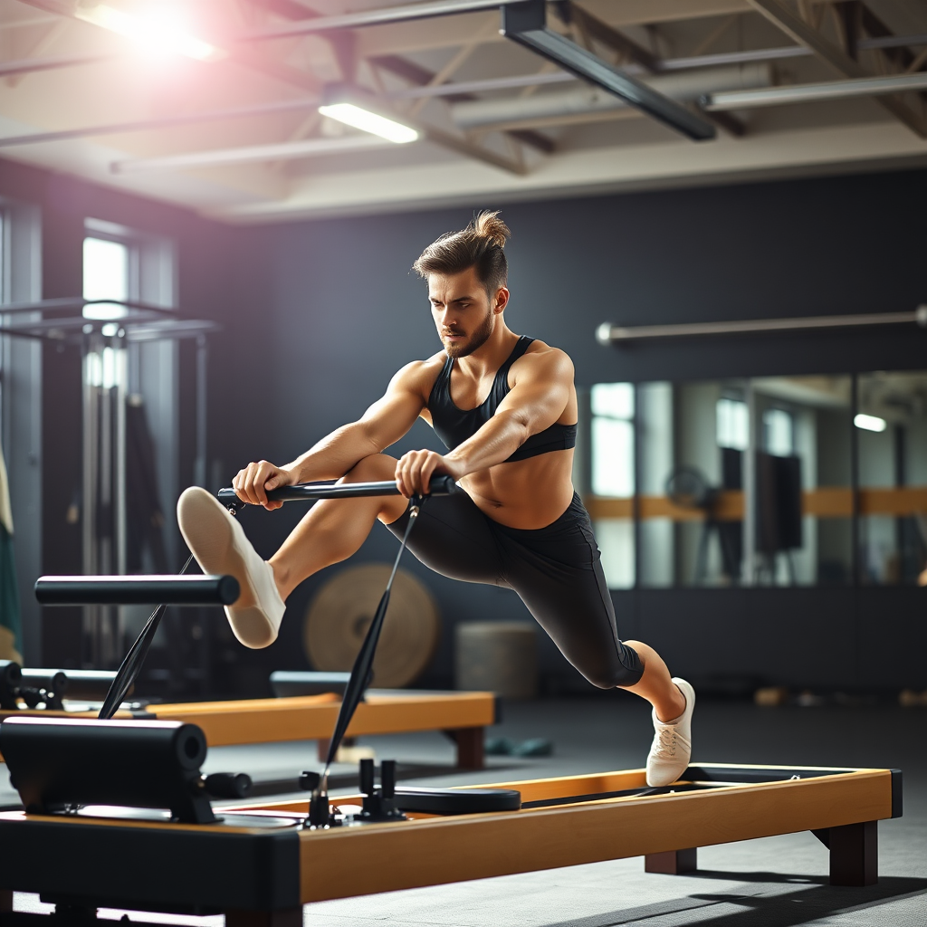 A person performing a pilates exercise on a reformer, focusing on core engagement and controlled movement. Capture the sense of strength and grace.