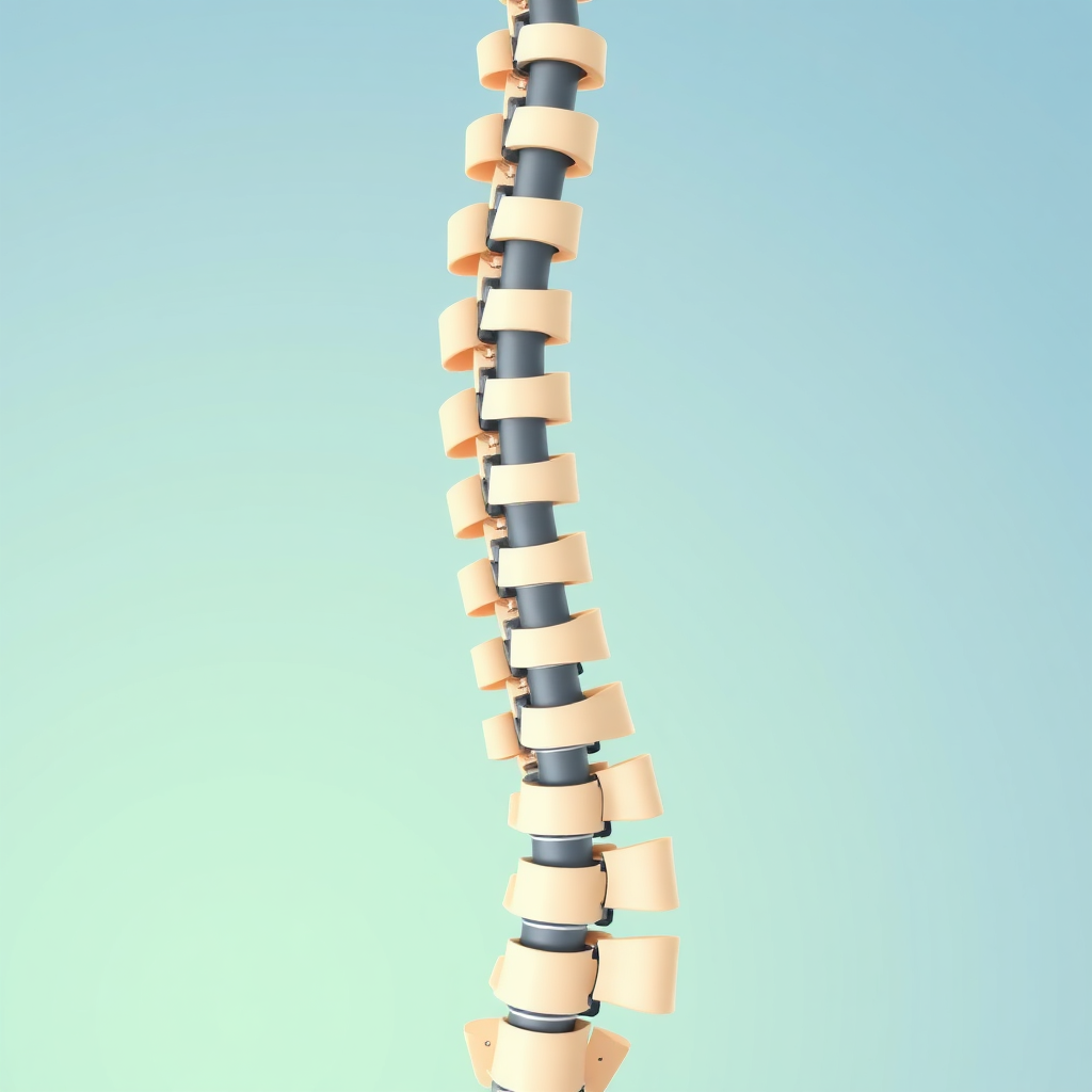 A stylized illustration of a human spine in perfect alignment, with interconnected muscles supporting it. The spine is depicted as a strong, elegant structure, with the muscles highlighted in a soft, soothing color. The background is a gradient of light blues and greens, evoking a sense of calm and balance. The camera angle is a close-up, focusing on the spine and its supporting muscles. The image should convey the importance of postural alignment and the benefits of Pilates. Style reference: Anatomical illustration, minimalist design.