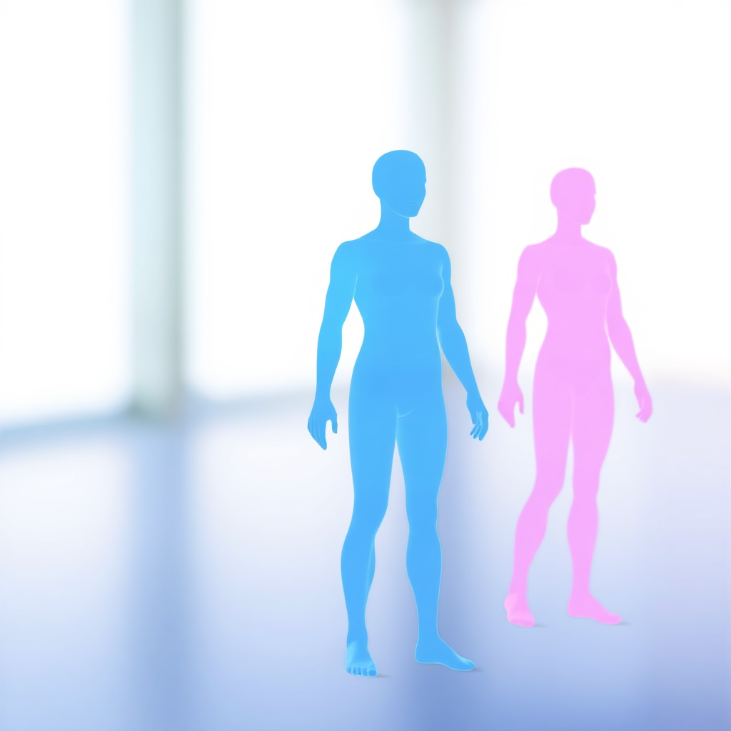 A stylized image representing proprioception. Use translucent layers of human figures slightly offset, representing awareness of body position in space. Use colors of blue, purple, and pink. Soft lighting and a blurred background will focus attention on the main subject. Style reference: minimalist art.