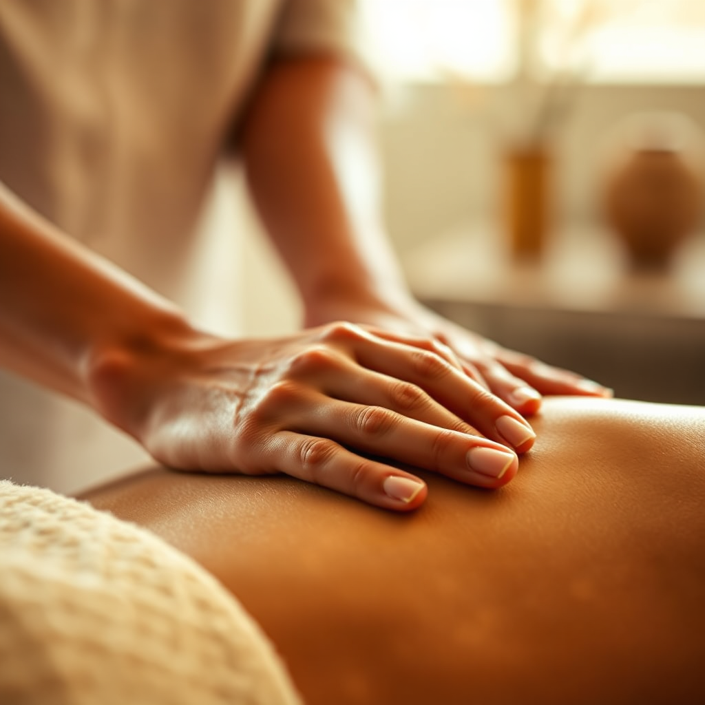 Create a 4K, high-quality image representing Renewal Touch Inc's mission. The scene should feature a close-up of a therapist's hands gently working on a client's shoulder. The focus is on the healing touch and the connection between therapist and client. The background is blurred, suggesting a tranquil spa environment. The color palette should be warm and inviting, with tones of gold, amber, and soft brown. The lighting is soft and diffused, creating a sense of peace and relaxation. Consider incorporating subtle visual cues representing lymphatic drainage and scar tissue release, such as faint glowing lines or gentle ripples of energy. The overall style should be sophisticated and elegant, evoking a sense of trust and expertise. Style reference: Fine art photography with a focus on human connection.