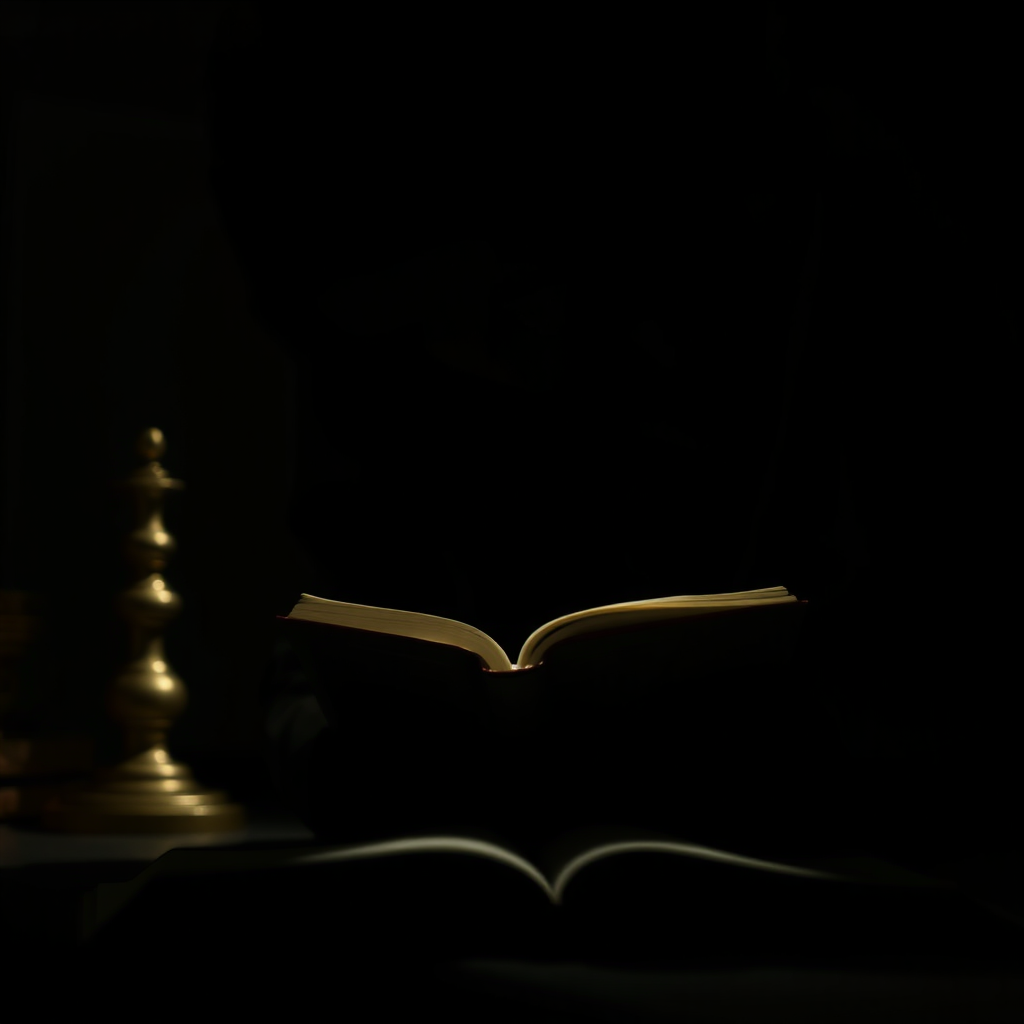 A close-up, atmospheric image of a silhouette figure reading a book under the soft light of a desk lamp. The rest of the room is dark. Focus on the book and the shadowy figure. Technical specs: 4K resolution, cinematic lighting.
