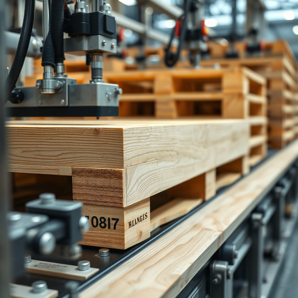 Precision wooden pallet being manufactured