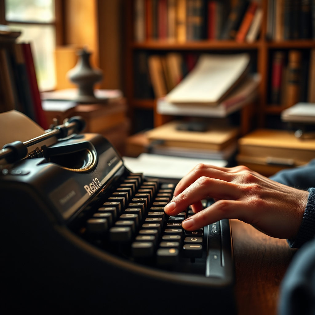 A close-up, photorealistic image of a skilled ghostwriter's hands typing on a vintage typewriter. The background is slightly blurred, revealing a cozy study filled with books and research materials. The lighting is warm and inviting, emphasizing the creative process. The focus is on the writer's hands, conveying the dedication and artistry involved in crafting a story. Technical specs: 4K resolution, shallow depth of field.