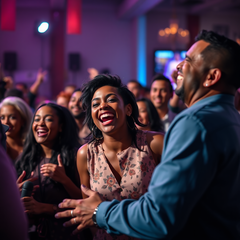 A group of people celebrating together at a church event, laughing and enjoying each other's company. Capture the joy and excitement of the celebration. Photorealistic style with dynamic lighting and a focus on energy.