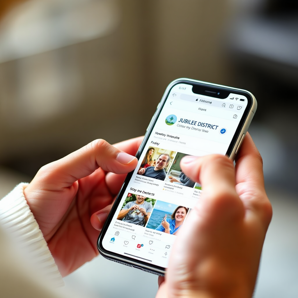A person using a smartphone to check the Jubilee District website or social media page. Capture the convenience and accessibility of staying connected. Photorealistic style with a focus on technology and communication.