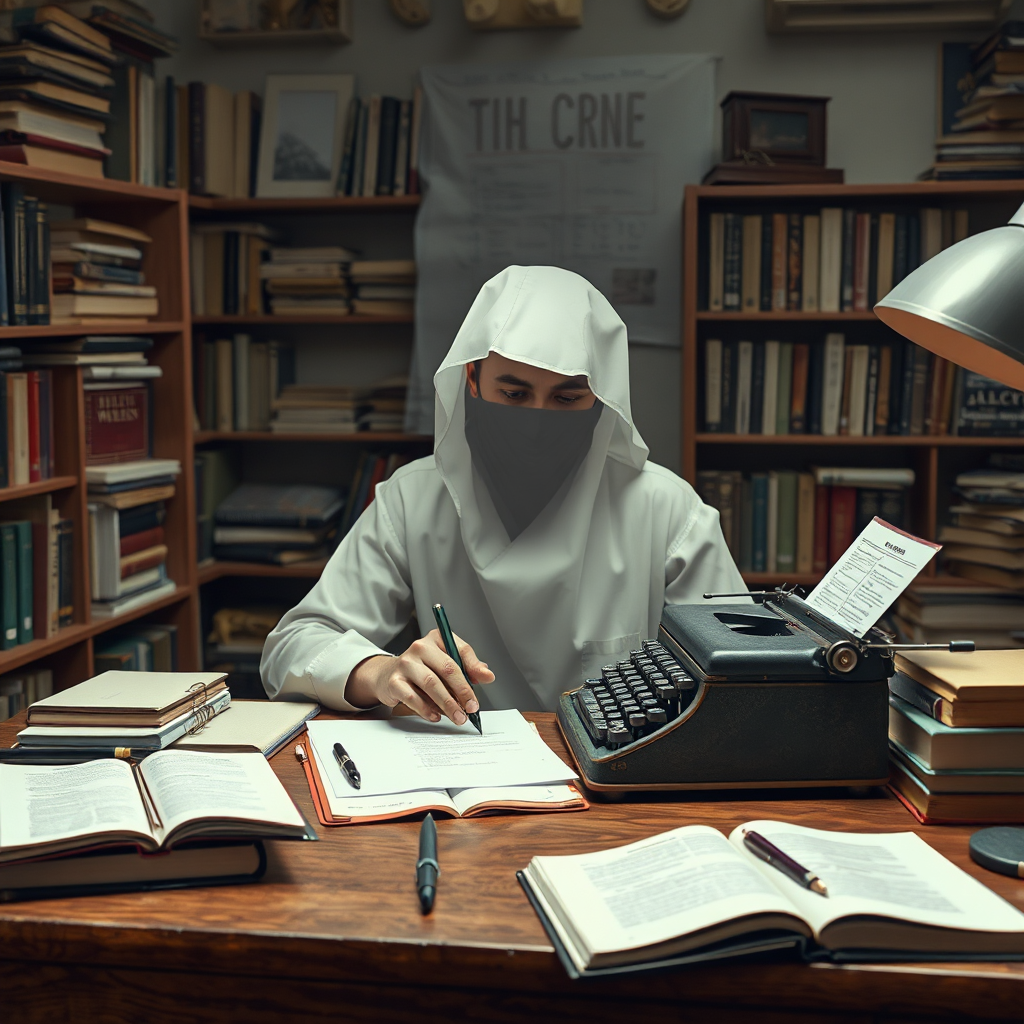 A photorealistic image depicting a ghostwriter working diligently at a desk. The environment should have a warm, creative atmosphere, filled with books, notes, and a vintage typewriter. The ghostwriter is subtly transparent, symbolizing their unseen presence in the writing process. The overall tone is professional and artistic. Technical specs: 4K resolution, high quality.