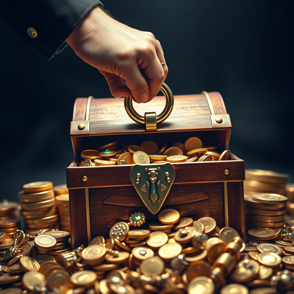 A photorealistic image depicting a person unlocking a treasure chest filled with gold coins, jewels, and other valuable items. The treasure chest represents the person's hidden potential, and the act of unlocking it represents the process of life coaching. The colors are rich and luxurious, conveying a sense of abundance and opportunity. The camera angle is slightly low, emphasizing the magnitude of the treasure. Technical specs: 4K resolution, high quality.