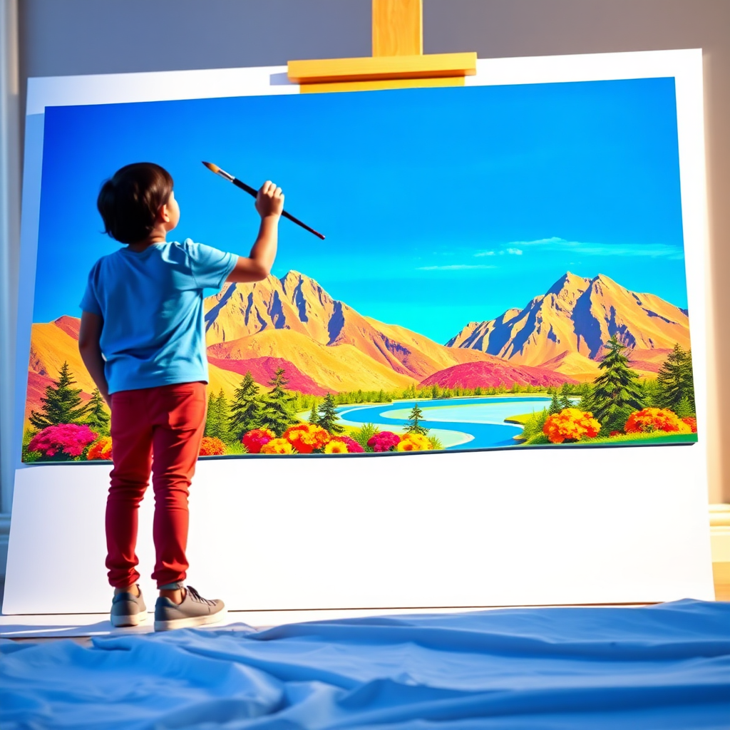 A photorealistic image depicting a person painting their own world with vibrant colors. They are standing on a blank canvas, using a paintbrush to create a beautiful landscape with mountains, trees, and a clear blue sky. The color palette is bright and cheerful, with a focus on positive emotions and creativity. The camera angle is slightly elevated, showing the person's perspective as they create their world. The lighting is soft and warm, creating a sense of peace and tranquility. Technical specs: 4K resolution, high quality.