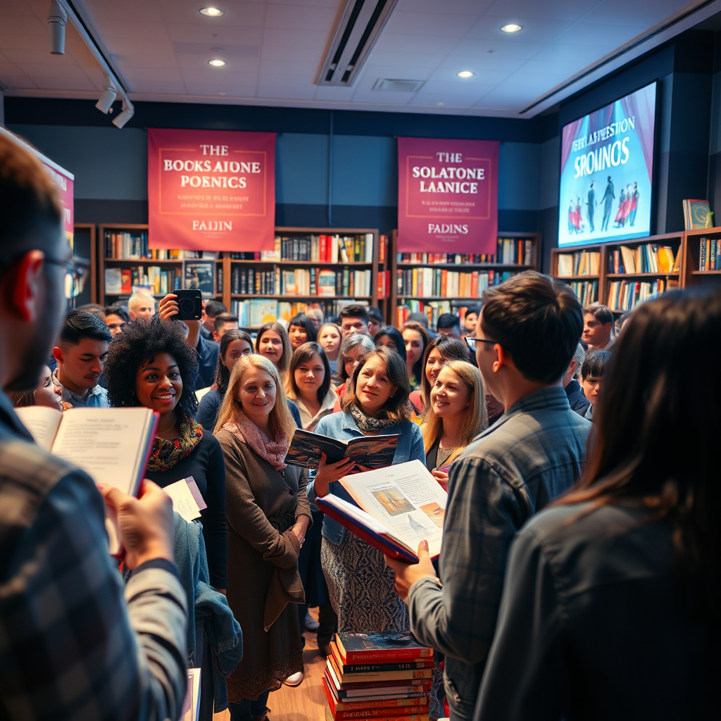 A photorealistic image of a book launch event. A diverse crowd is gathered in a modern bookstore, eagerly listening to the author. The lighting is bright and celebratory. Include elements like book displays, promotional banners, and enthusiastic readers. The overall mood is exciting and engaging. Camera angle: Wide shot, capturing the energy of the event. Technical specs: 4K resolution, high dynamic range.