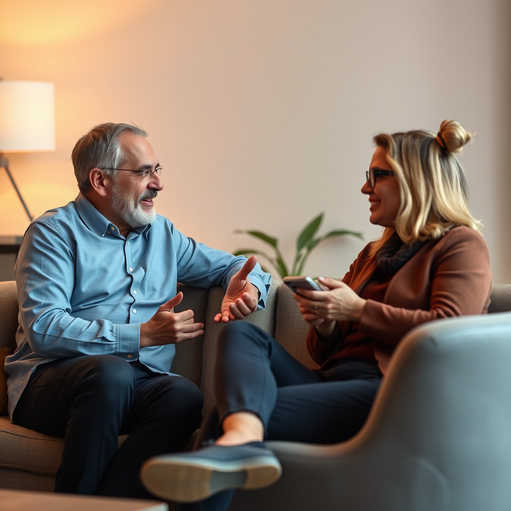 A photorealistic image of a coach and client sitting together in a comfortable setting, discussing goals and strategies. The coach is actively listening and providing supportive feedback. The lighting is warm and inviting, creating a sense of trust and collaboration. Technical specs: 4K resolution, high quality.