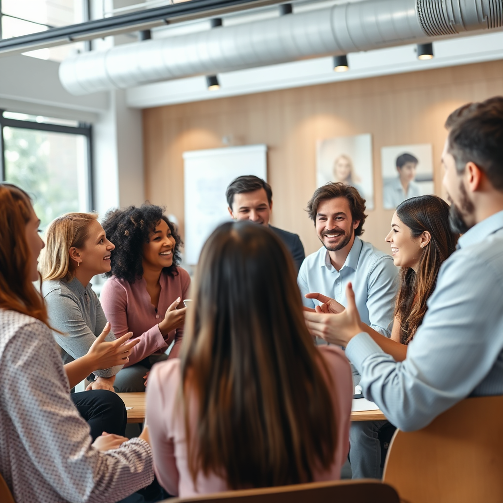 A photorealistic image of a group of people participating in a coaching session. The participants are engaged in lively discussions and activities. The atmosphere is positive and supportive. Technical specs: 4K resolution, high quality.