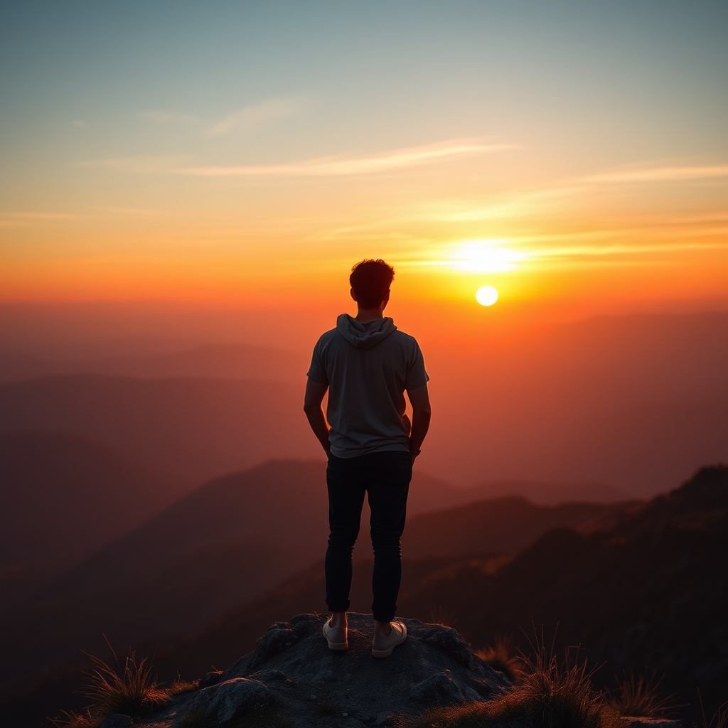 A photorealistic image of a person standing on a mountaintop, looking out at a beautiful sunrise. The person is filled with a sense of peace and contentment, knowing that they are living a life of purpose. The colors are warm and vibrant, conveying a sense of hope and optimism. The camera angle is wide and expansive, capturing the beauty of the natural world. Technical specs: 4K resolution, high quality.