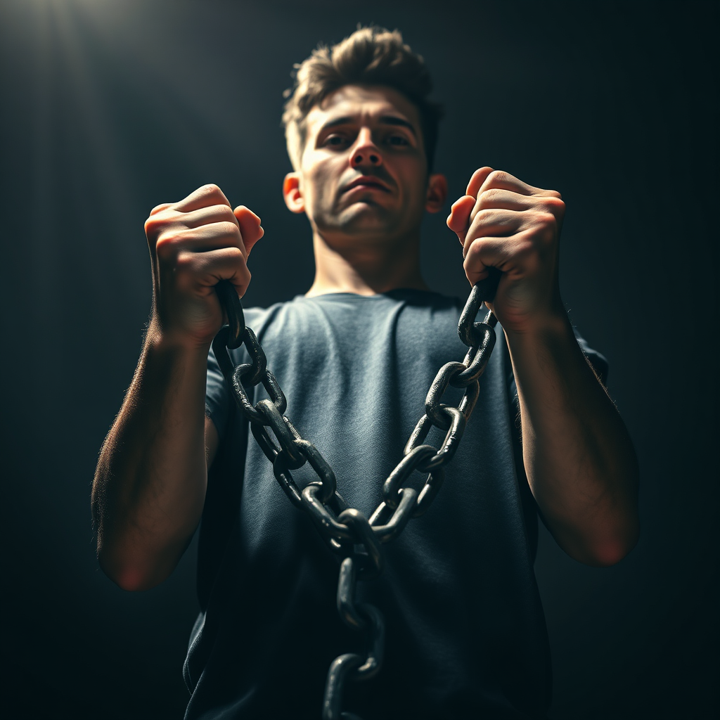 A photorealistic image of a person breaking chains, symbolizing overcoming limitations. The person is standing tall with a determined expression, bathed in strong, empowering light. The chains are made of a dark, metallic material and are snapping under the person's strength. The background is blurred to focus on the action of breaking free. The color palette is dark and contrasting, with bright highlights on the person and the chains. The camera angle is low, looking up at the person to emphasize their power. Technical specs: 4K resolution, high quality.