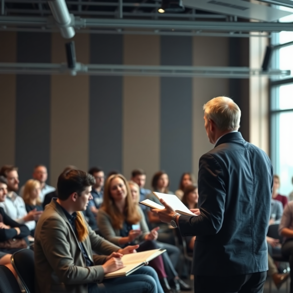 A photorealistic image of a presenter leading a workshop or seminar. The audience is attentive and engaged, taking notes and asking questions. The atmosphere is energetic and inspiring. Technical specs: 4K resolution, high quality.