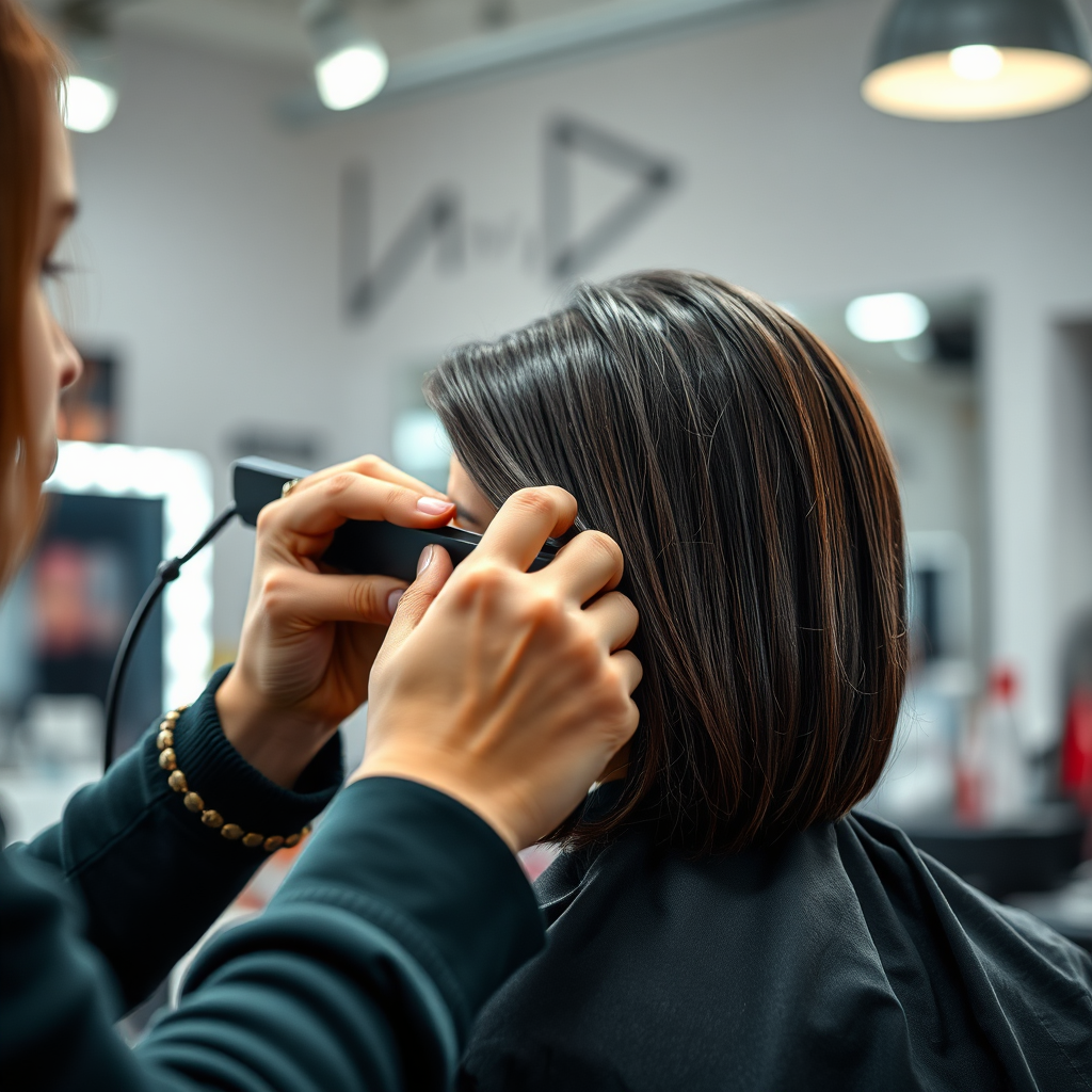 A photorealistic image of a stylist expertly cutting a client's hair in 'No Other Place Hair Salon'. The focus is on the stylist's hands and the precision of the cut. The lighting is bright and focused on the hair. The background is blurred to keep the attention on the subject. Camera should be slightly elevated.