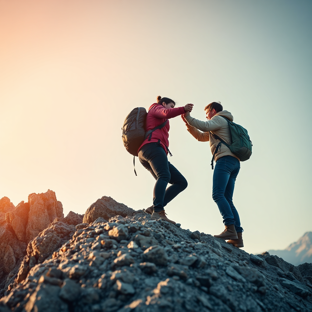 A photorealistic image of two people working together to climb a steep mountain. One person is providing support and encouragement to the other, helping them overcome obstacles. The colors are warm and inviting, conveying a sense of trust and collaboration. The camera angle is slightly low, emphasizing the challenge of the climb and the importance of teamwork. Technical specs: 4K resolution, high quality.