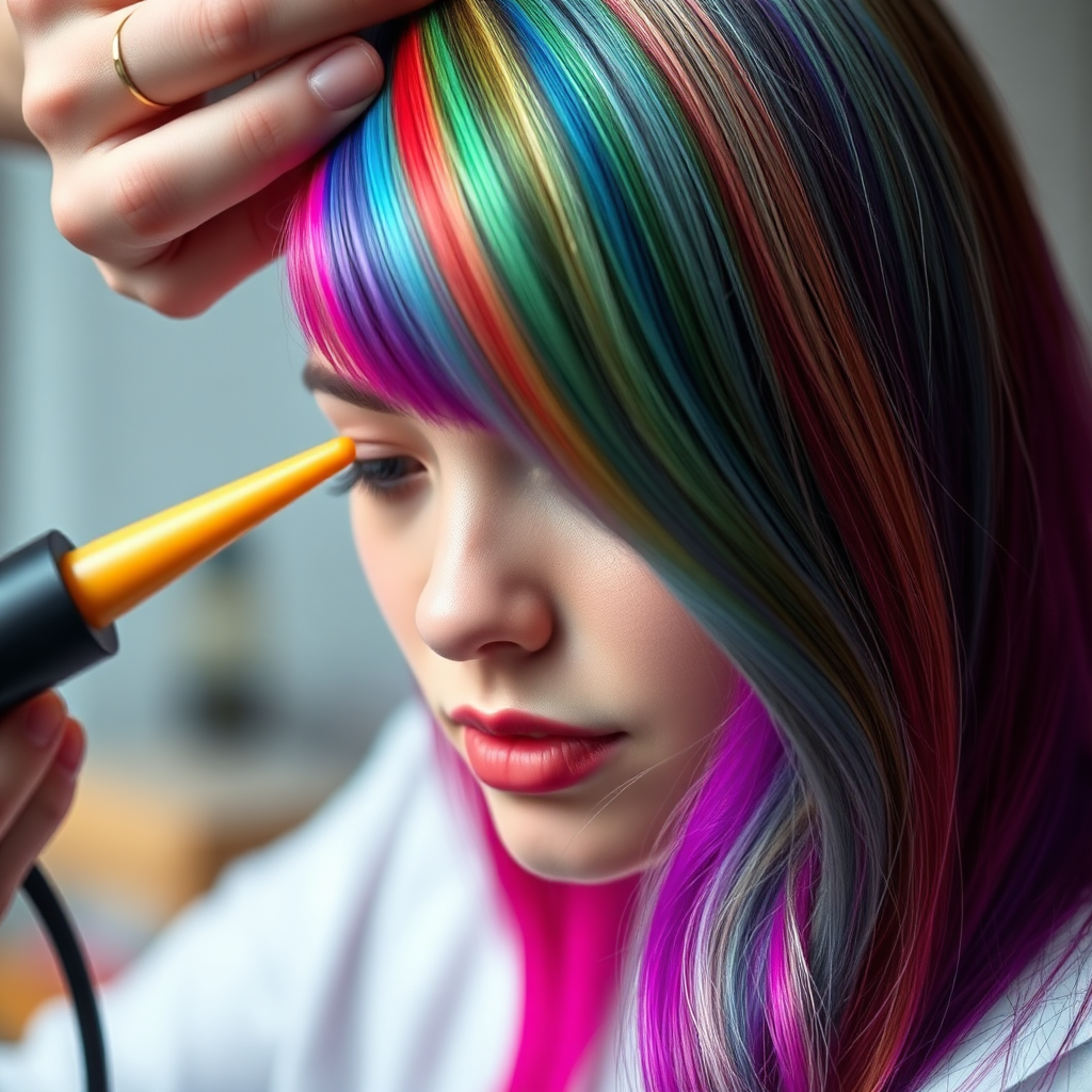 A photorealistic image showcasing the application of vibrant hair dye. The focus is on the transformation and the glossy texture of the colored hair. Use a shallow depth of field to blur the background and emphasize the color.