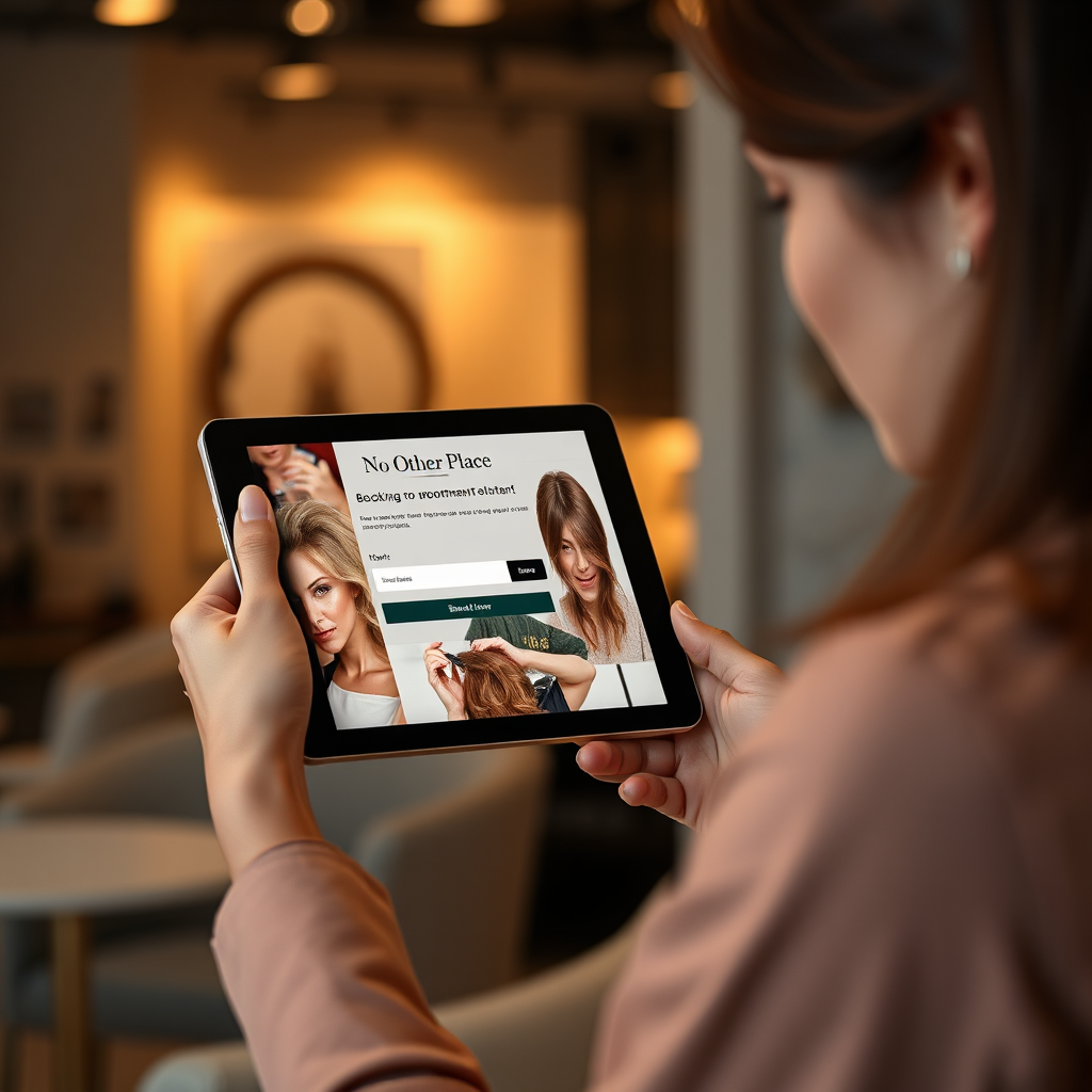 A photorealistic image showcasing a woman using a tablet to book an appointment on the 'No Other Place Hair Salon' website. The setting is a modern and stylish environment with soft, warm lighting. Focus on the tablet screen and the woman's relaxed expression as she navigates the online booking system. The background is slightly blurred to highlight the main subject. The color palette should be inviting and professional.